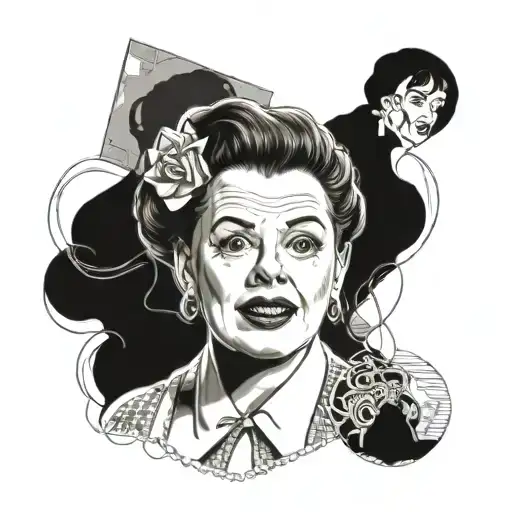 A portrait of Judy Garland in her iconic role as Dorothy from The Wizard of Oz, surrounded by TV screens showing different adaptations of the story, done in a new-school style tattoo design idea