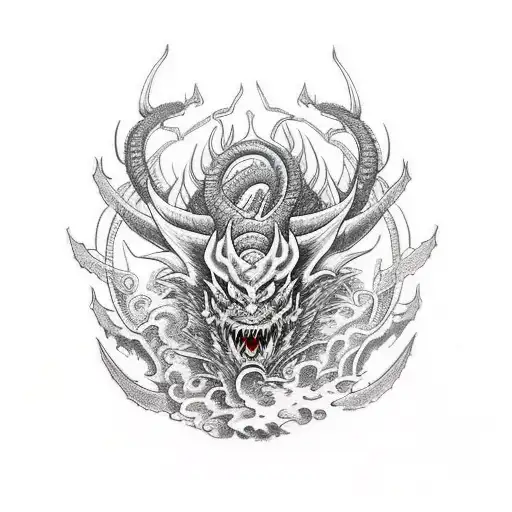 red and black demon dragon with lots of horns and spikes on the back tattoo design idea