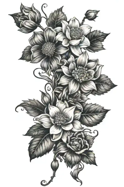 daisy, rose, water lilly, poppy, daffodil on a vine tattoo design idea