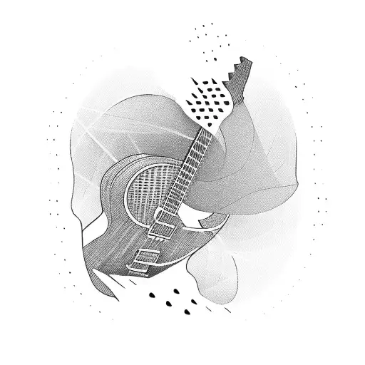 A guitar and a controller intertwined in a dynamic composition tattoo design idea