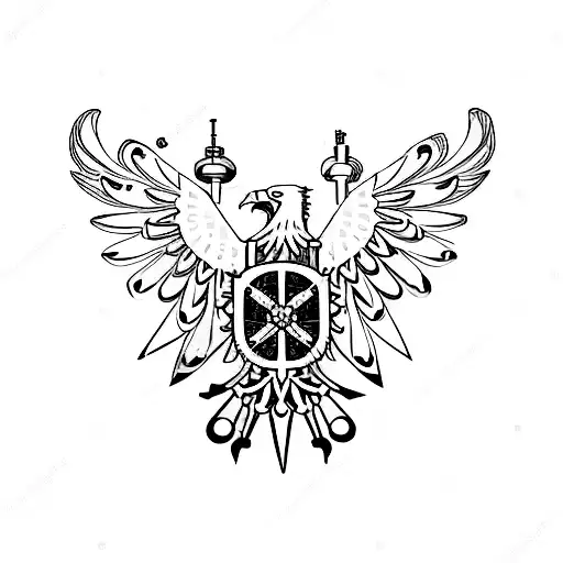 A minimalist representation of the Polish eagle with gears and cogs symbolizing scientific progress tattoo design idea
