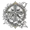 cross with cancer ribbon around it. birds and sun in background  tattoo design idea