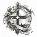 cross with cancer ribbon around it. birds and sun in background  tattoo design idea