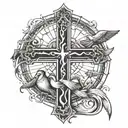 cross with cancer ribbon around it. birds and sun in background  tattoo design idea