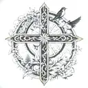 cross with cancer ribbon around it. birds and sun in background  tattoo design idea