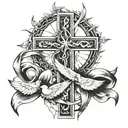Jesus cross with cancer ribbon wrapped loosely birds and sun around it  tattoo design idea