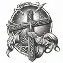 Jesus cross with cancer ribbon wrapped loosely birds and sun around it  tattoo design idea