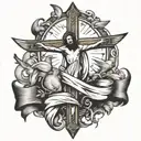 Jesus cross with cancer ribbon wrapped loosely birds and sun around it  tattoo design idea