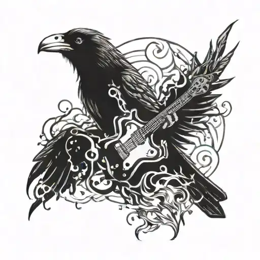 Combine a flaming guitar and a crow in a dynamic pose tattoo design idea