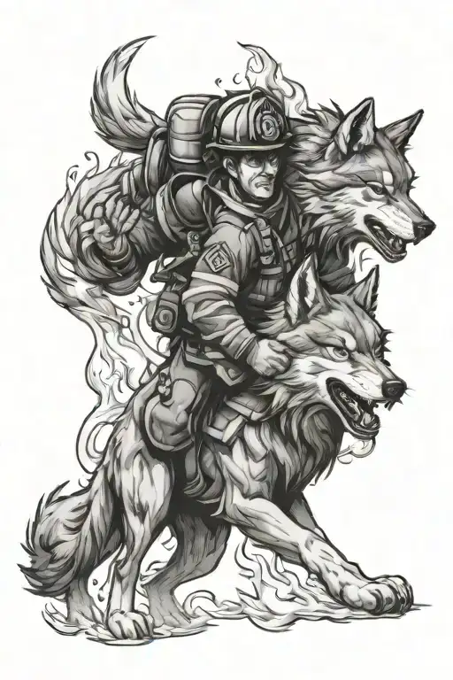 Create a tattoo of an anime-style firefighter battling flames with a wolf companion tattoo design idea