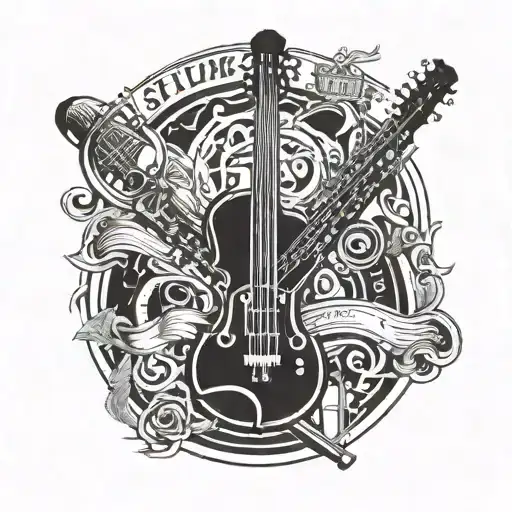 Incorporate The Story So Far band logo into a composition with musical instruments and lyrics tattoo design idea