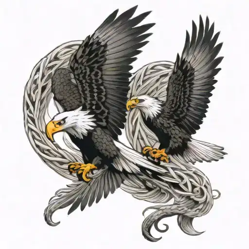 bald eagle and Mexican eagle flying fighting over a snake  tattoo design idea