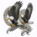 bald eagle and Mexican eagle flying fighting over a snake  tattoo design idea