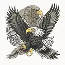 bald eagle and Mexican eagle flying fighting over a snake  tattoo design idea