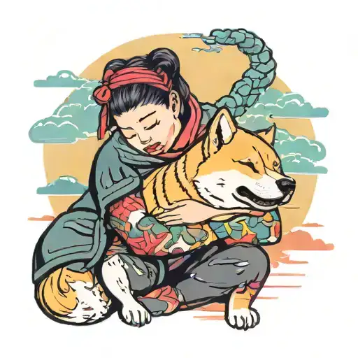Shiba Inu sleeping protected by strong women lifting weights at sunrise. all shielded by a marine corp major tattoo design idea