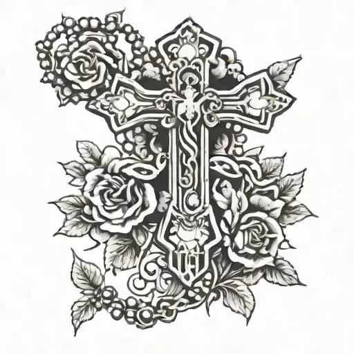 cross and rosary beads tattoo design idea