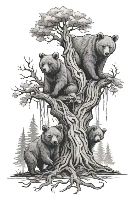 three little bears, deer, phoniex rising into the tree, wood scene on arm tattoo design idea