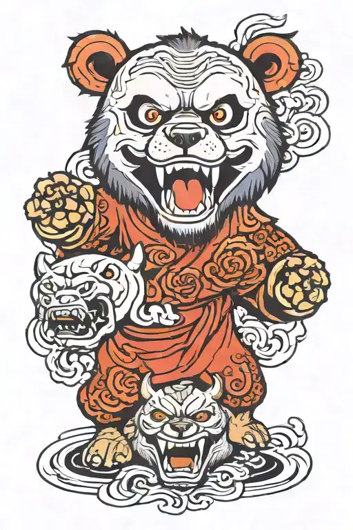 bear in the center with oni demon mask laughing and crying surrounded tattoo design idea