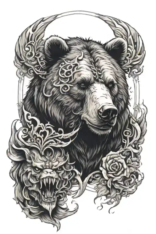 bear in the center with oni demon mask  on each side tattoo design idea