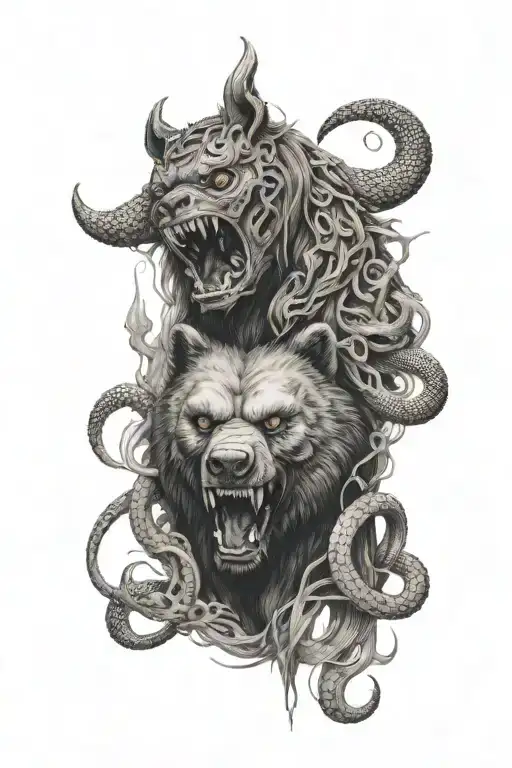 bear in the center with oni demon mask  surrounded with snakes tattoo design idea