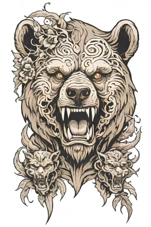 bear and oni demon mask tattoo design idea