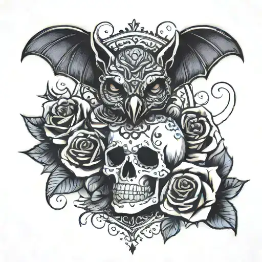 a bat with a sugar skull and a rose tattoo design idea