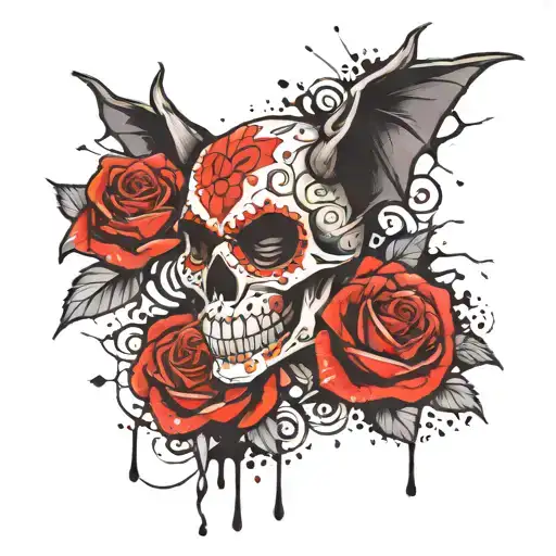 a bat on top of a sugar skull and a rose tattoo design idea