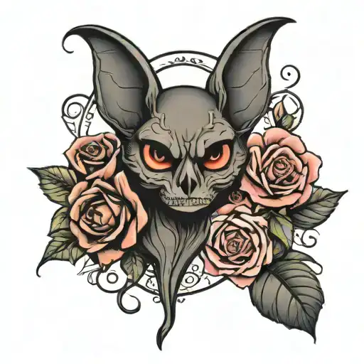 a bat on top of a sugar skull and a rose tattoo design idea