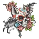a bat on top of a sugar skull and a rose tattoo design idea