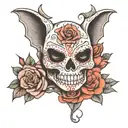 a bat on top of a sugar skull and a rose tattoo design idea