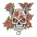 a bat on top of a sugar skull and a rose tattoo design idea