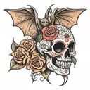 a bat on top of a sugar skull and a rose tattoo design idea