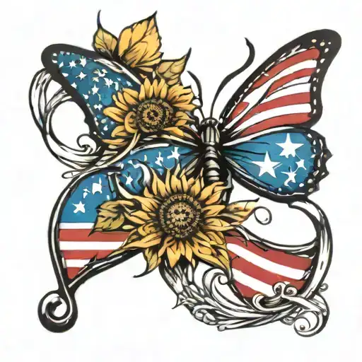 music note, sunflowers, butterfly, deer antlers with American flag blended together tattoo design idea