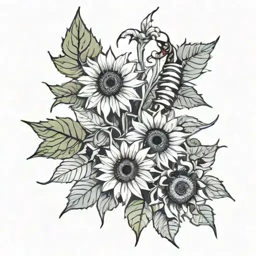 sunflower Leaves falling, centipede tattoo design idea