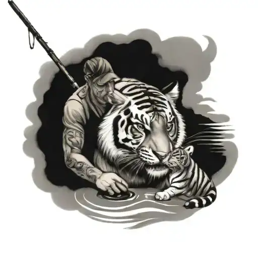 tiger dad and son fishing tattoo design idea