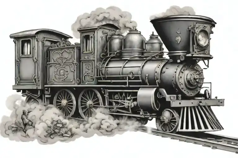 locomotive steam train with family tree growing and an hour glass tattoo design idea