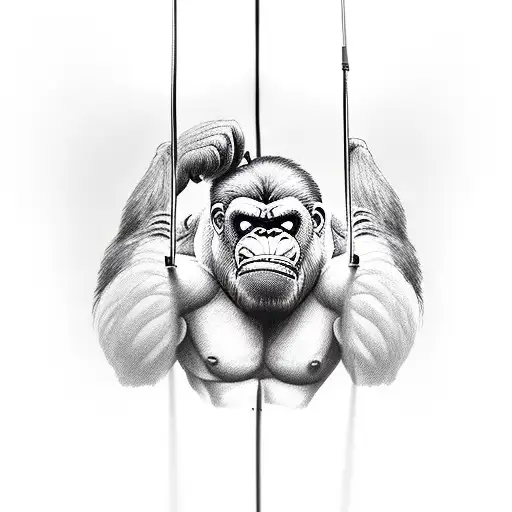 king kong hanging off of a gym barbell like he's about to do a pullup tattoo design idea