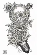 a realistic light bulb with the glass shattered, coming out from the firmament are wild flowers with the solar system  tattoo design idea
