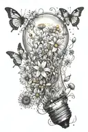 a realistic light bulb with the glass shattered, coming out from the firmament are wild flowers with the solar system  tattoo design idea