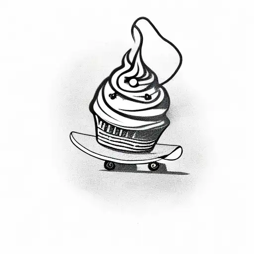 A whimsical design of a cupcake riding a skateboard, with a mischievous expression tattoo design idea