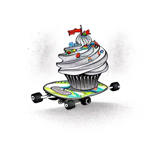 A whimsical design of a cupcake riding a skateboard, with a mischievous expression tattoo design idea