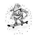 A whimsical design of a cupcake riding a skateboard, with a mischievous expression tattoo design idea