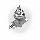 A whimsical design of a cupcake riding a skateboard, with a mischievous expression tattoo design idea