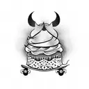 A whimsical design of a cupcake riding a skateboard, with a mischievous expression tattoo design idea