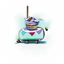 A whimsical design of a cupcake riding a skateboard, with a mischievous expression tattoo design idea