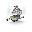 A whimsical design of a cupcake riding a skateboard, with a mischievous expression tattoo design idea