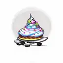 A whimsical design of a cupcake riding a skateboard, with a mischievous expression tattoo design idea