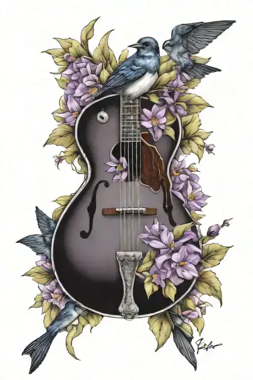 mandolin with wildflowers and purple martins tattoo design idea