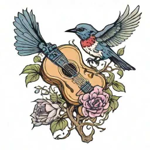 mandolin roots growing and purple martin bird sitting tattoo design idea