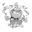 A minimalist matching tattoos of a dumpling with musical notes as steam coming out tattoo design idea